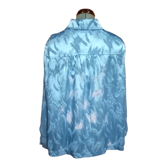 Women's N Touch Size XL Bright Blue Sheer Satin Button Up Long Sleeve Blouse - Picture 3 of 10